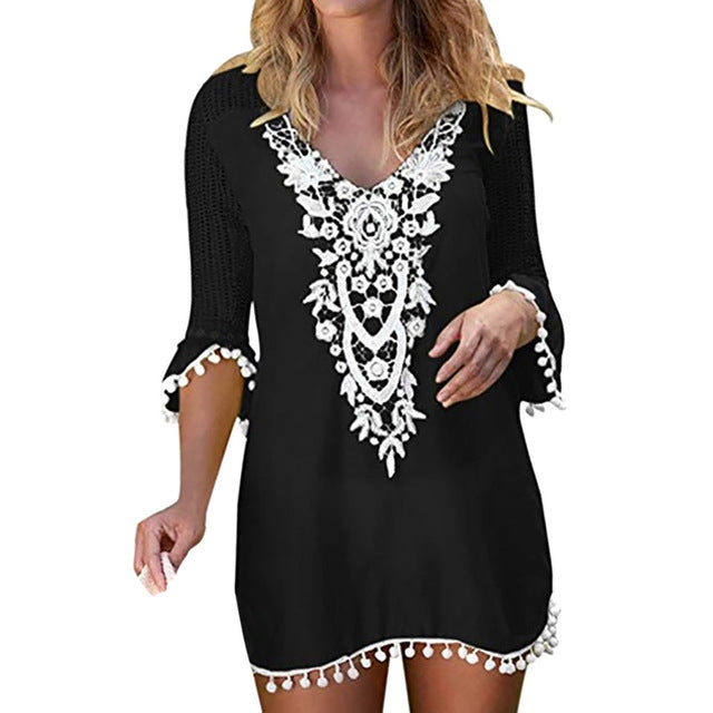 Summer Swimwear Lace Patchwork Hollow Beach Dress