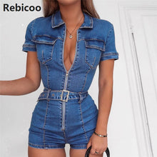 Load image into Gallery viewer, Denim Jumpsuit Women Short Sleeve Turn Down Collar Playsuits Shorts Jeans Rompers with Belt Streetwear

