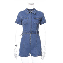 Load image into Gallery viewer, Denim Jumpsuit Women Short Sleeve Turn Down Collar Playsuits Shorts Jeans Rompers with Belt Streetwear
