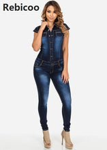 Load image into Gallery viewer, Denim Jumpsuit Women Short Sleeve Turn Down Collar Playsuits Shorts Jeans Rompers with Belt Streetwear
