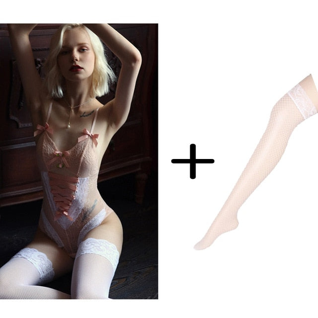 Sexy mousse sexy Pink Female Summer Thin Lace Bow Perspective Sheer Sling Backless Concealed bottom Bodysuit Piece sleepwear
