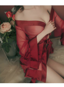 Sexy Nightgown Underwear Gray Mesh Cardigan Style Sleeves Robe Clothes See-through Bathrobe Kimono Robe Silk Robes for Women