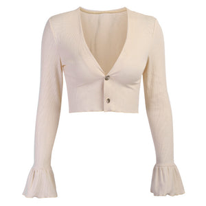 WannaThis Cotton Ribbed Knitted Deep V-Neck Sexy T-shirt Front Button Ruffles Long Flare Sleeve Autumn Elegant Women Cropped Top
