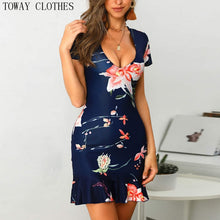 Load image into Gallery viewer, Summer Women Criss Cross Back Frill Hem Mini Dress Sexy Sheath Flora Print Ruffles Bodycon Dress Deep V Short Sleeve Party Dress
