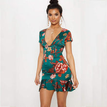 Load image into Gallery viewer, Summer Women Criss Cross Back Frill Hem Mini Dress Sexy Sheath Flora Print Ruffles Bodycon Dress Deep V Short Sleeve Party Dress
