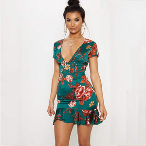 Summer Women Criss Cross Back Frill Hem Mini Dress Sexy Sheath Flora Print Ruffles Bodycon Dress Deep V Short Sleeve Party Dress