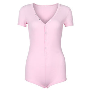 Solid Pachwork Jumpsuit Slim Cotton Femme Buttons Body Top Button Up V Neck Bodysuit 2020 Casual Women Sexy Bodycon Romper M0598