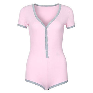 Solid Pachwork Jumpsuit Slim Cotton Femme Buttons Body Top Button Up V Neck Bodysuit 2020 Casual Women Sexy Bodycon Romper M0598