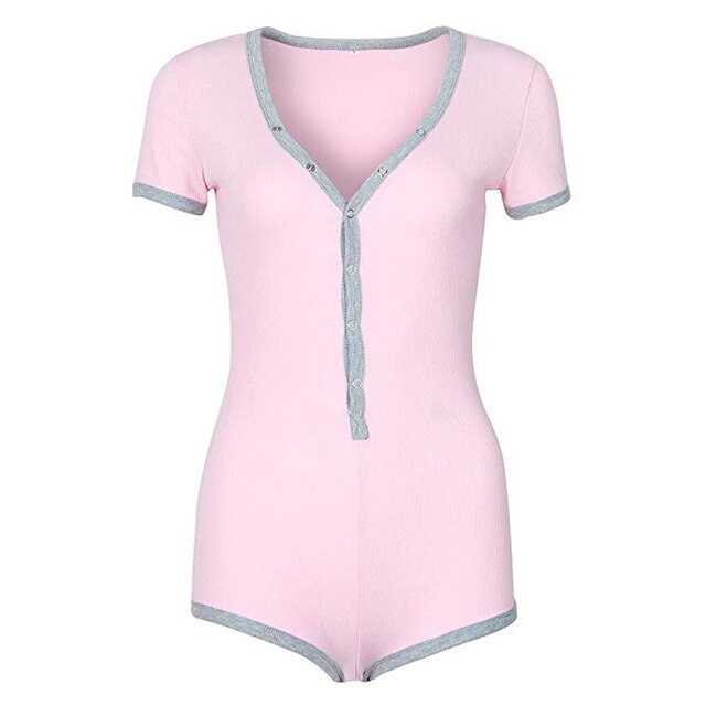 Solid Pachwork Jumpsuit Slim Cotton Femme Buttons Body Top Button Up V Neck Bodysuit 2020 Casual Women Sexy Bodycon Romper M0598