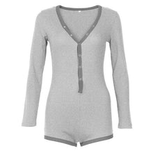 Load image into Gallery viewer, Solid Pachwork Jumpsuit Slim Cotton Femme Buttons Body Top Button Up V Neck Bodysuit 2020 Casual Women Sexy Bodycon Romper M0598
