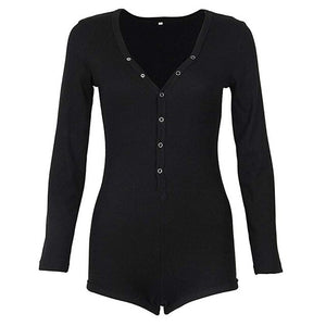 Solid Pachwork Jumpsuit Slim Cotton Femme Buttons Body Top Button Up V Neck Bodysuit 2020 Casual Women Sexy Bodycon Romper M0598