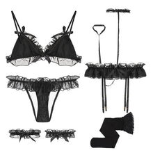 Load image into Gallery viewer, Sexy Mousse Bra and panties sets 7 pieces Garter stockings Lace cute Young girl Sexy lovely Seamless Deep V Necklace white
