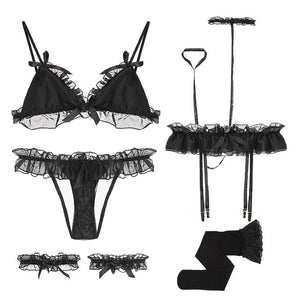 Sexy Mousse Bra and panties sets 7 pieces Garter stockings Lace cute Young girl Sexy lovely Seamless Deep V Necklace white