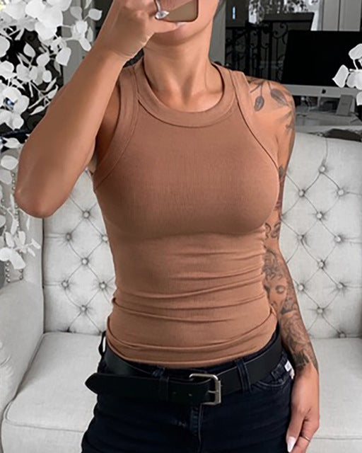 Solid Round Neck Ribbed Tank Top Camisole