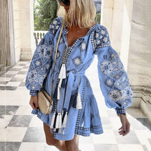Load image into Gallery viewer, Autumn Women Floral Dress Boho Long Sleeve Clothes Ladies V Neck Sundress Holiday Party Dress Belt Waist Bohemian Dresses
