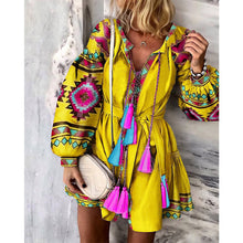 Load image into Gallery viewer, Autumn Women Floral Dress Boho Long Sleeve Clothes Ladies V Neck Sundress Holiday Party Dress Belt Waist Bohemian Dresses
