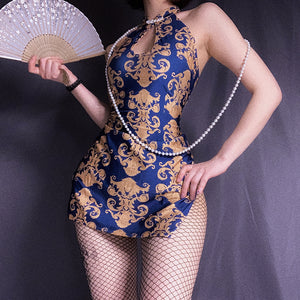 Chinese Style Sexy Lingerie Temptation Cheongsam Cosplay Uniform Lace Satin Nightgown Lingerie Mini Dress Clubwear Hot Dress