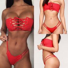 Load image into Gallery viewer, Red Bikini Brazillian Bandage Front High Waist Off Shoulder
