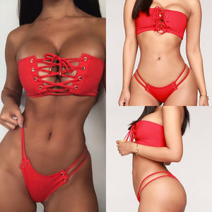 Red Bikini Brazillian Bandage Front High Waist Off Shoulder