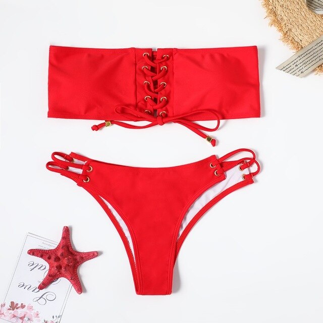 Red Bikini Brazillian Bandage Front High Waist Off Shoulder
