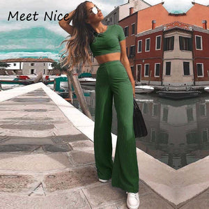 2 Two Piece Ribbed O Neck Crop Top and Long Pants Set