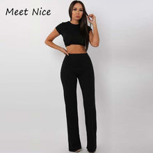 Load image into Gallery viewer, 2 Two Piece Ribbed O Neck Crop Top and Long Pants Set
