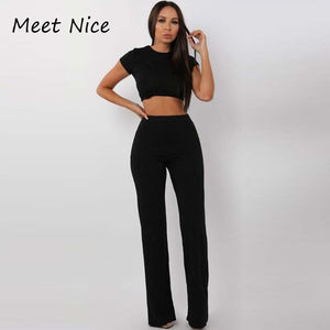 2 Two Piece Ribbed O Neck Crop Top and Long Pants Set