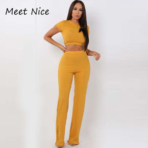2 Two Piece Ribbed O Neck Crop Top and Long Pants Set
