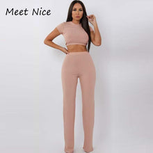 Load image into Gallery viewer, 2 Two Piece Ribbed O Neck Crop Top and Long Pants Set
