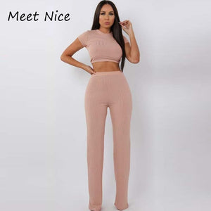 2 Two Piece Ribbed O Neck Crop Top and Long Pants Set