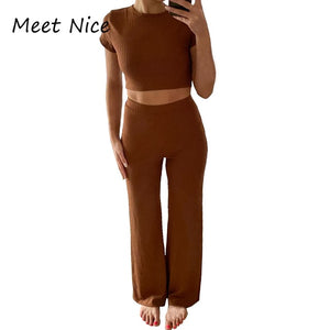 2 Two Piece Ribbed O Neck Crop Top and Long Pants Set