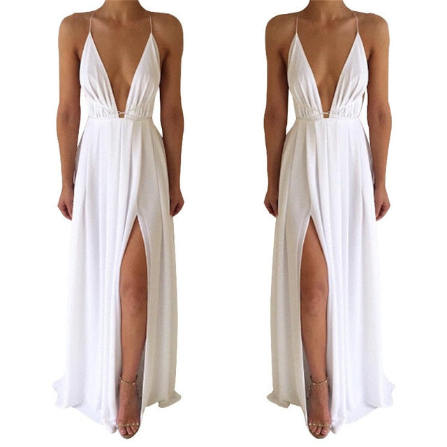 Summer Maxi Dress Deep V-Neck Spaghetti Strap Vestido