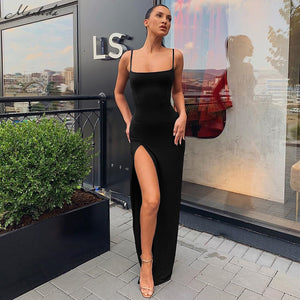 Macheda Spaghetti Strap Dress Split Solid  Ankle Length