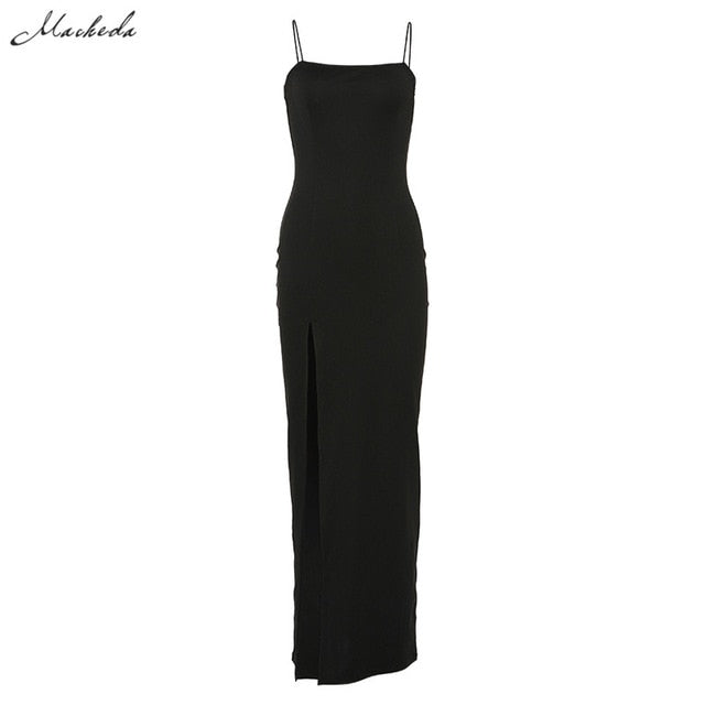 Macheda Spaghetti Strap Dress Split Solid  Ankle Length