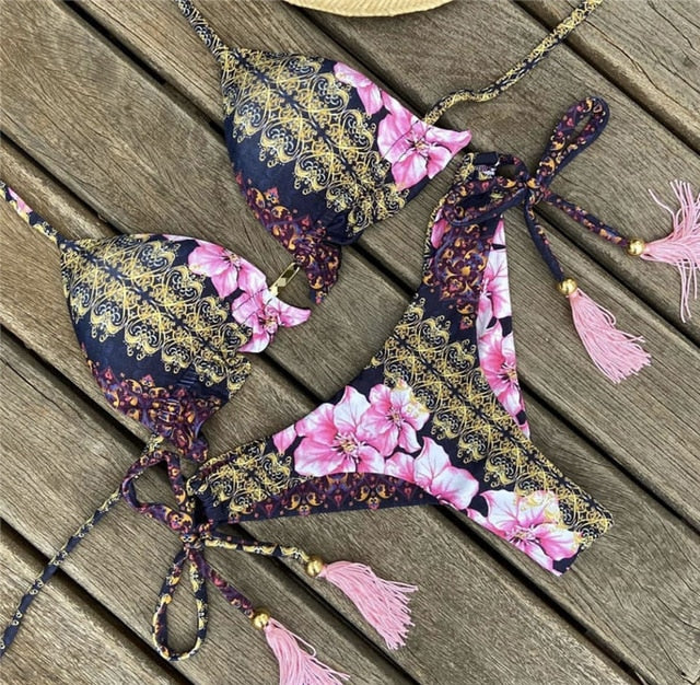 Women's Striped beach Floral Sexy Suits Low Waist Young Style