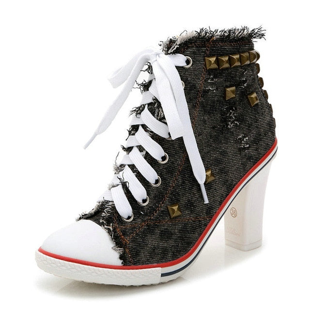 Women demin canvas shoes casual high heels zapatos cowboy fashion sexy high heels ladies shoes women rivet canvas pumps MC-53
