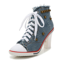 Load image into Gallery viewer, Women demin canvas shoes casual high heels zapatos cowboy fashion sexy high heels ladies shoes women rivet canvas pumps MC-53
