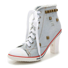 Load image into Gallery viewer, Women demin canvas shoes casual high heels zapatos cowboy fashion sexy high heels ladies shoes women rivet canvas pumps MC-53
