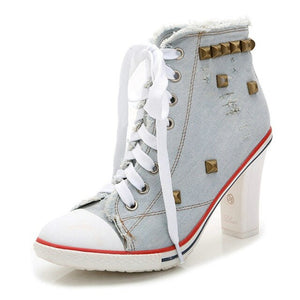 Women demin canvas shoes casual high heels zapatos cowboy fashion sexy high heels ladies shoes women rivet canvas pumps MC-53