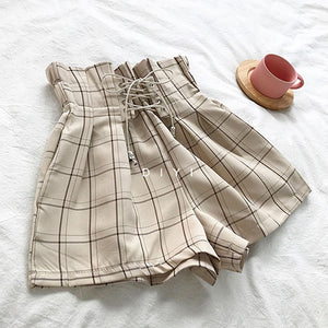 Retro Plaid Summer Shorts Lace Up High Waist Wide Leg